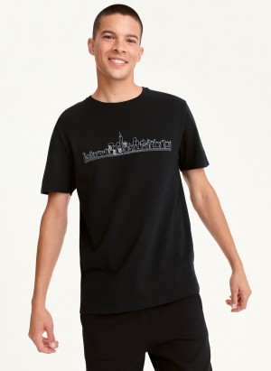 Black Dkny Cityscape Sketch Men's T Shirts | D8750181