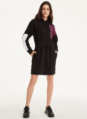 Black Dkny Cotton French Terry Hoodie Women's Dress | N8776396