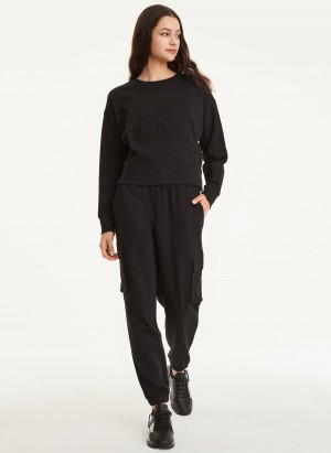 Black Dkny Cotton Jersey Crew With Logo Embossing Women's Sweaters | F1635847