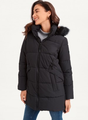 Black Dkny Double-Pocketed Faux-Fur Long Women's Puffer Jacket | L8011295