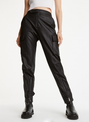 Black Dkny Faux Leather Cargo with Zipper Detail Women's Pants | J2791729