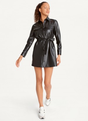 Black Dkny Faux Leather Women's Dress | H5557306