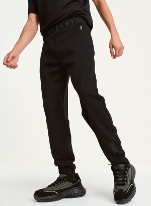 Black Dkny Fleece Logo Waistband Men's Pants | A8832894