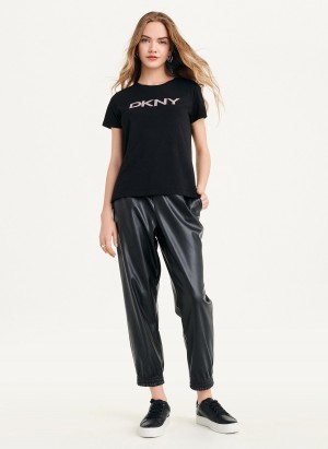 Black Dkny Glitter Logo Women's T Shirts | T4457446