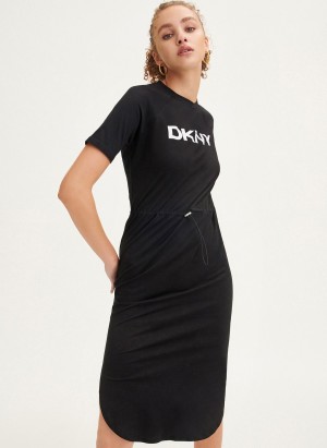 Black Dkny Logo Drawstring Waist Women's Dress | P1960336