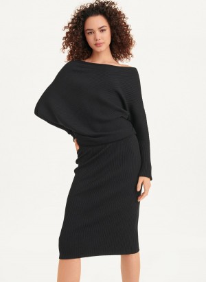 Black Dkny Long Sleeve Cowl Neckline Sweater Women's Dress | B4458812