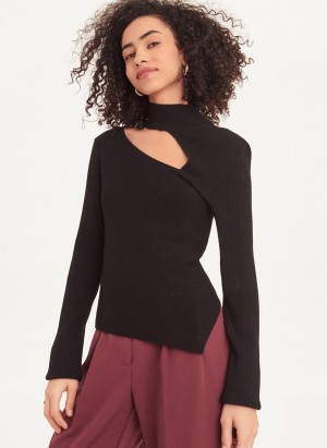 Black Dkny Long Sleeve Cutout Mock Neck Women's Sweaters | G7248877