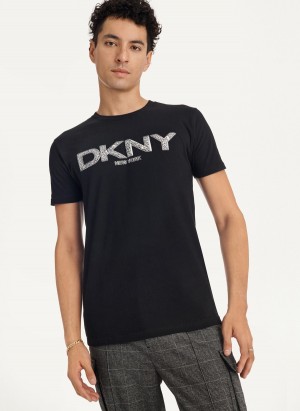 Black Dkny Metallic Puff Logo Men's T Shirts | J3537567