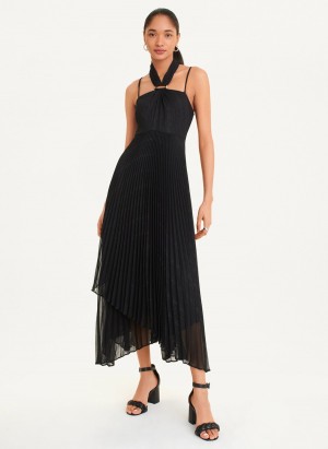 Black Dkny Pleated Halter With Lurex Women's Dress | M0084877