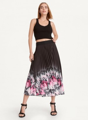 Black Dkny Printed Pleated Midi Women's Skirts | Z2102454