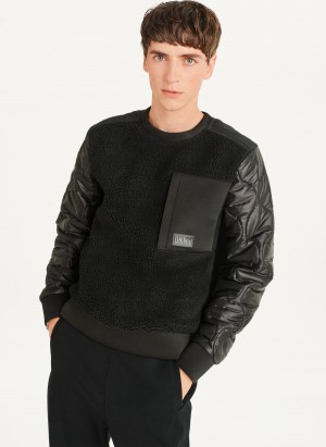 Black Dkny Quilted Sleeve Crew Neck Men's Sweatshirts | R1090160