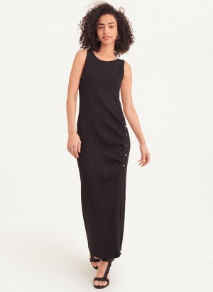 Black Dkny Sleeveless Rib With Buttons Women's Dress | Z9956252