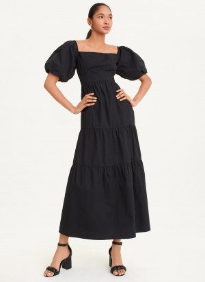 Black Dkny Square Neck Tiered Poplin Women's Dress | M4440266