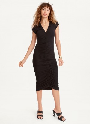 Black Dkny V-Neck Ruched Midi Women's Dress | C5095708