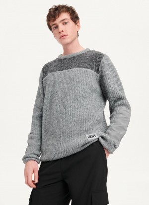 Grey Dkny Plaid Panel Rib Men's Sweaters | U4175727