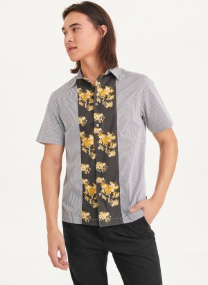 Grey Dkny Stripe & Floral Panel Men's Shirts | K6328363