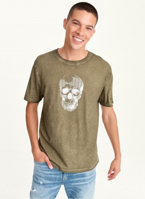 Olive Dkny OUTLINE LOGO SKULL MINERAL WASH Men's T Shirts | W5162757