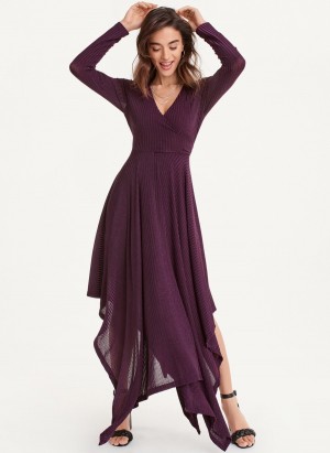 Purple Dkny Long Sleeve Rib Hacci Wrap Maxi Women's Dress | L6031601