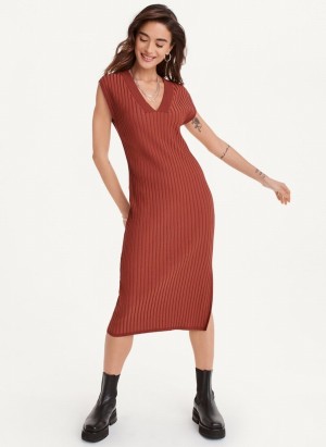 Red Dkny V-Neck Wide Rib Sweater Women's Dress | X8610948