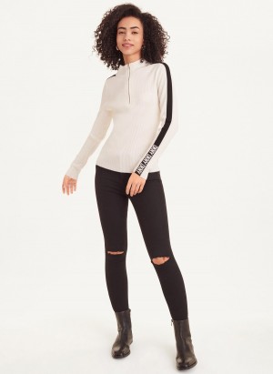 White Dkny Long Sleeve Half Zip Logo Tape Women's Sweaters | Q7213165