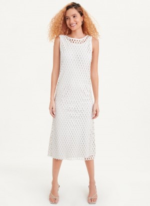 White Dkny Sleeveless Perforated A-Line Women's Dress | I1655221