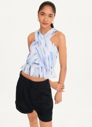 White Dkny Sleeveless Printed Chiffon Halter Women's Tank Top | B9396747