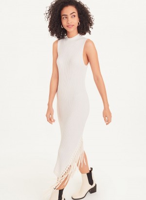 White Dkny Sleeveless Rib Asymmetrical Fringe Women's Dress | C3972522