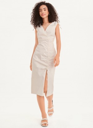 White Dkny V-Neck Women's Dress | N1040216