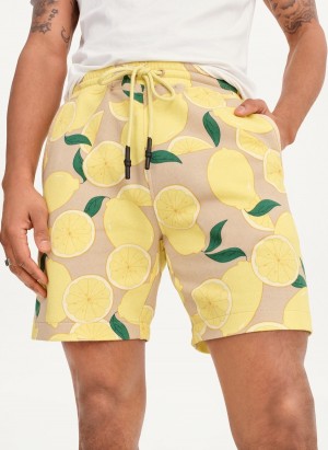 Yellow Dkny Lemon Print Pull On Men's Shorts | O0559504