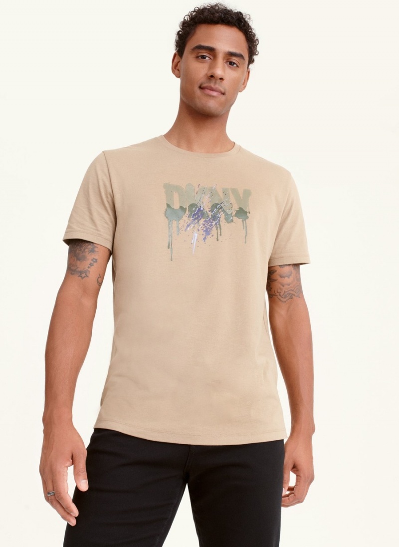 Beige Dkny Multi Paint Splatter Men\'s T Shirts | H3843429