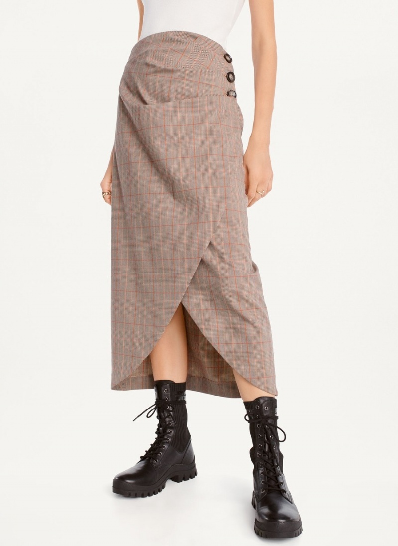 Beige Dkny Plaid Midi Women's Skirts | J4888567