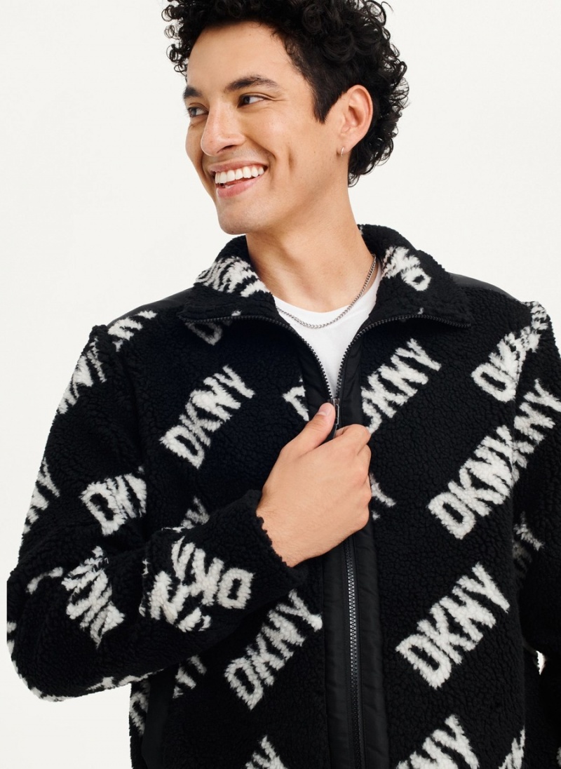 Black Dkny All Over Logo Sherpa Men's Jackets | R3579167