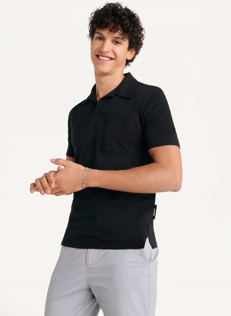 Black Dkny Cotton Slub Jersey Single Breast Men's Polo Shirts | A7476402