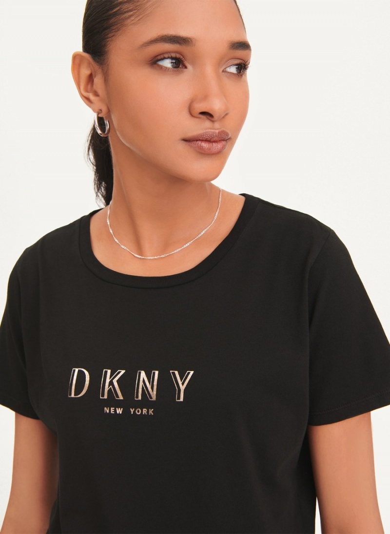 Black Dkny Crinkle Foil Spec Logo Women's T Shirts | F6459461