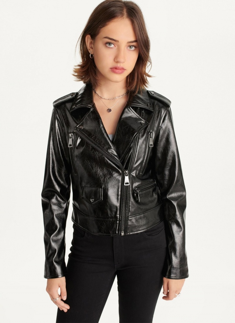 Black Dkny Crinkle Moto Women's Jackets | U8604304