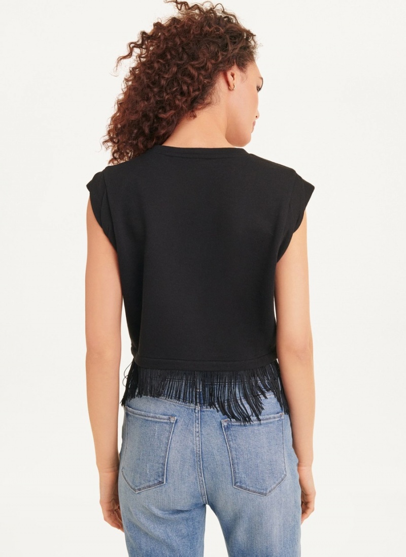 Black Dkny Cropped Fringe Women's Blouse | J8651907