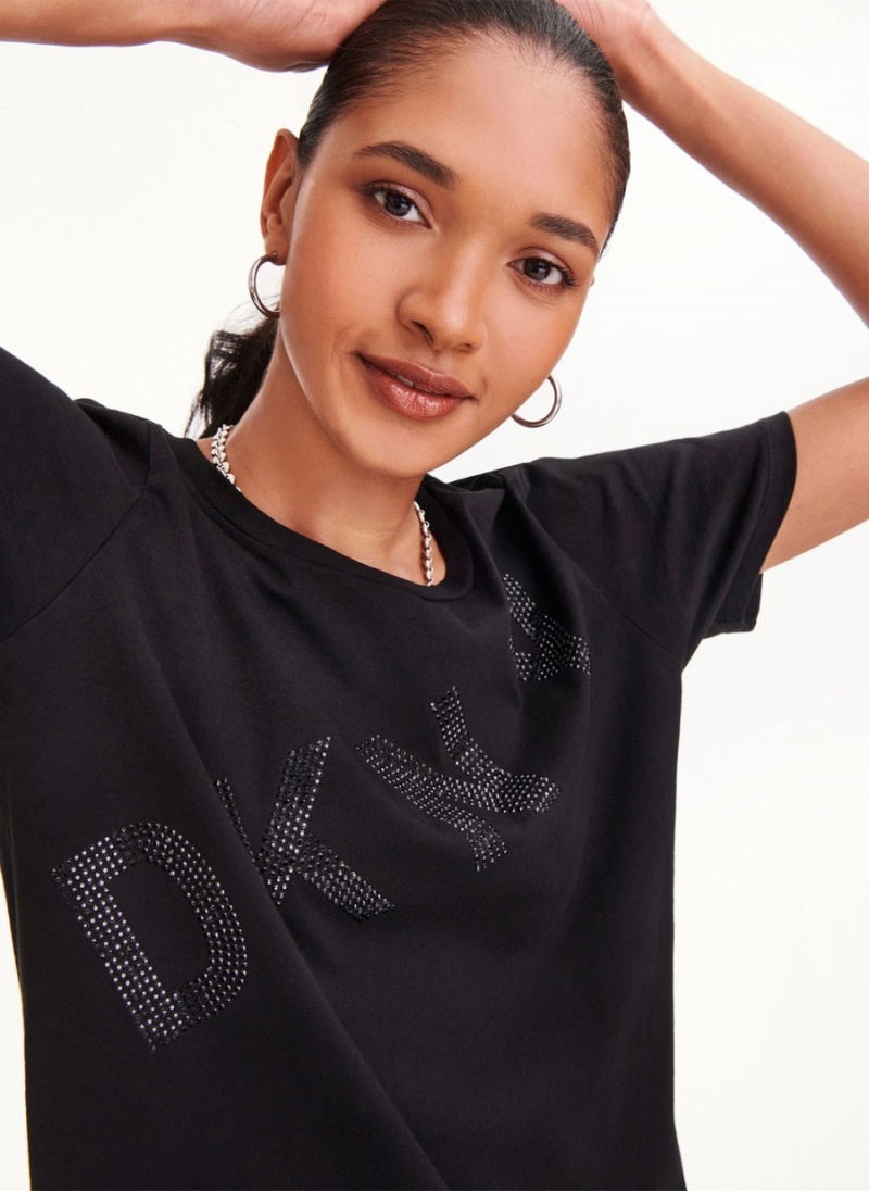 Black Dkny Diagonal Rhinestone Logo Women's T Shirts | D8905018