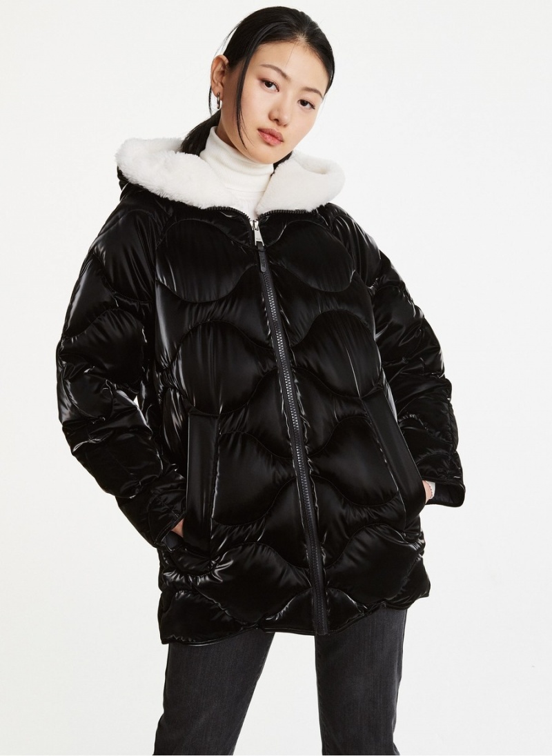 Black Dkny Diamond Quilted With Faux Fur Zip Hood Women\'s Puffer Jacket | F2761879