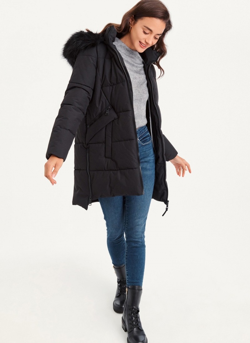 Black Dkny Double-Pocketed Faux-Fur Long Women's Puffer Jacket | L8011295