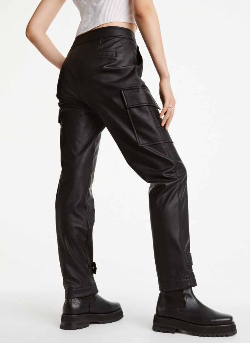 Black Dkny Faux Leather Cargo with Zipper Detail Women's Pants | J2791729