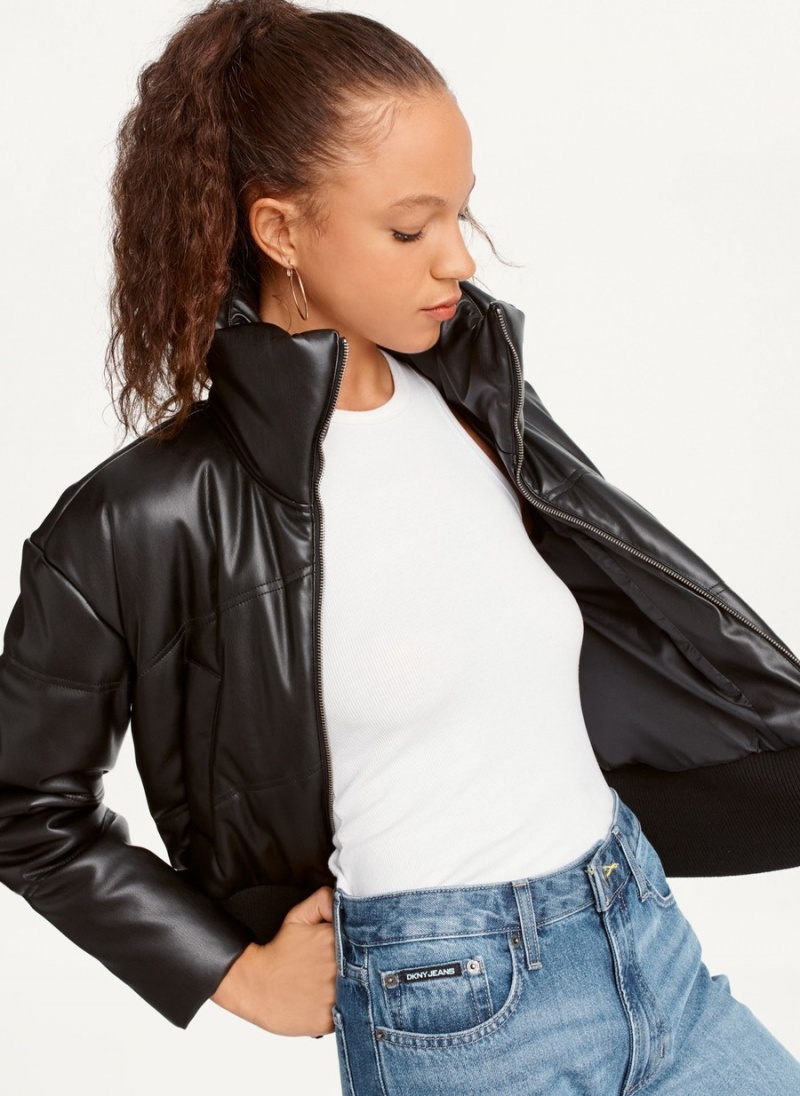 Black Dkny Faux Leather Cropped Bomber Women's Jackets | Y7845369