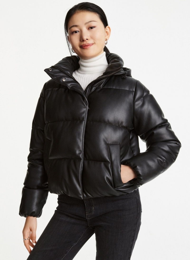 Black Dkny Faux Leather Hooded Women\'s Puffer Jacket | S5318518