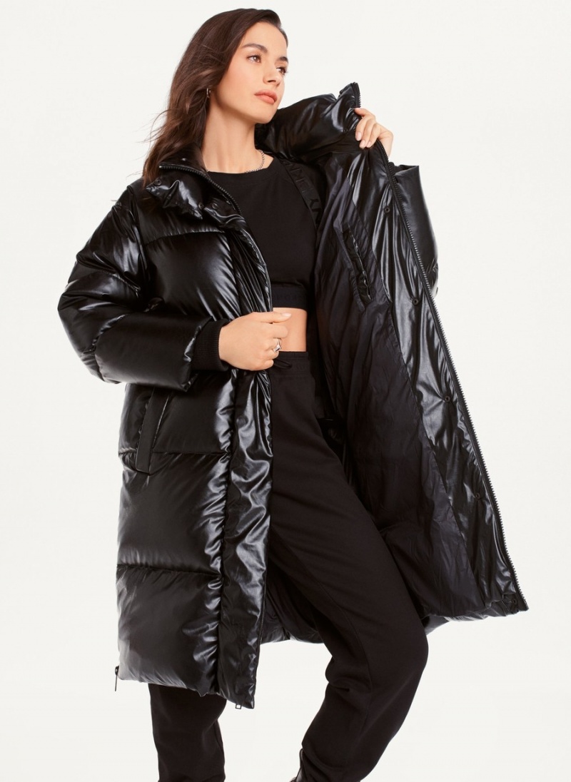 Black Dkny Faux Leather Long Women's Puffer Jacket | H4192943