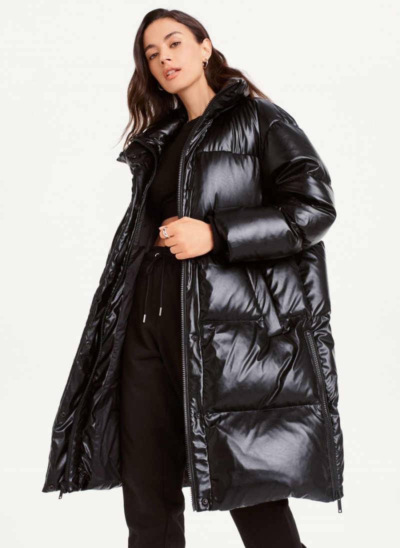 Black Dkny Faux Leather Long Women\'s Puffer Jacket | H4192943