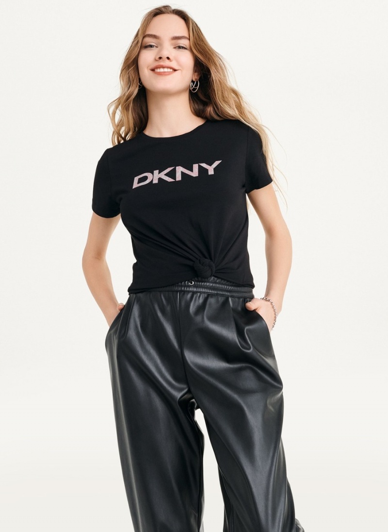 Black Dkny Glitter Logo Women's T Shirts | T4457446