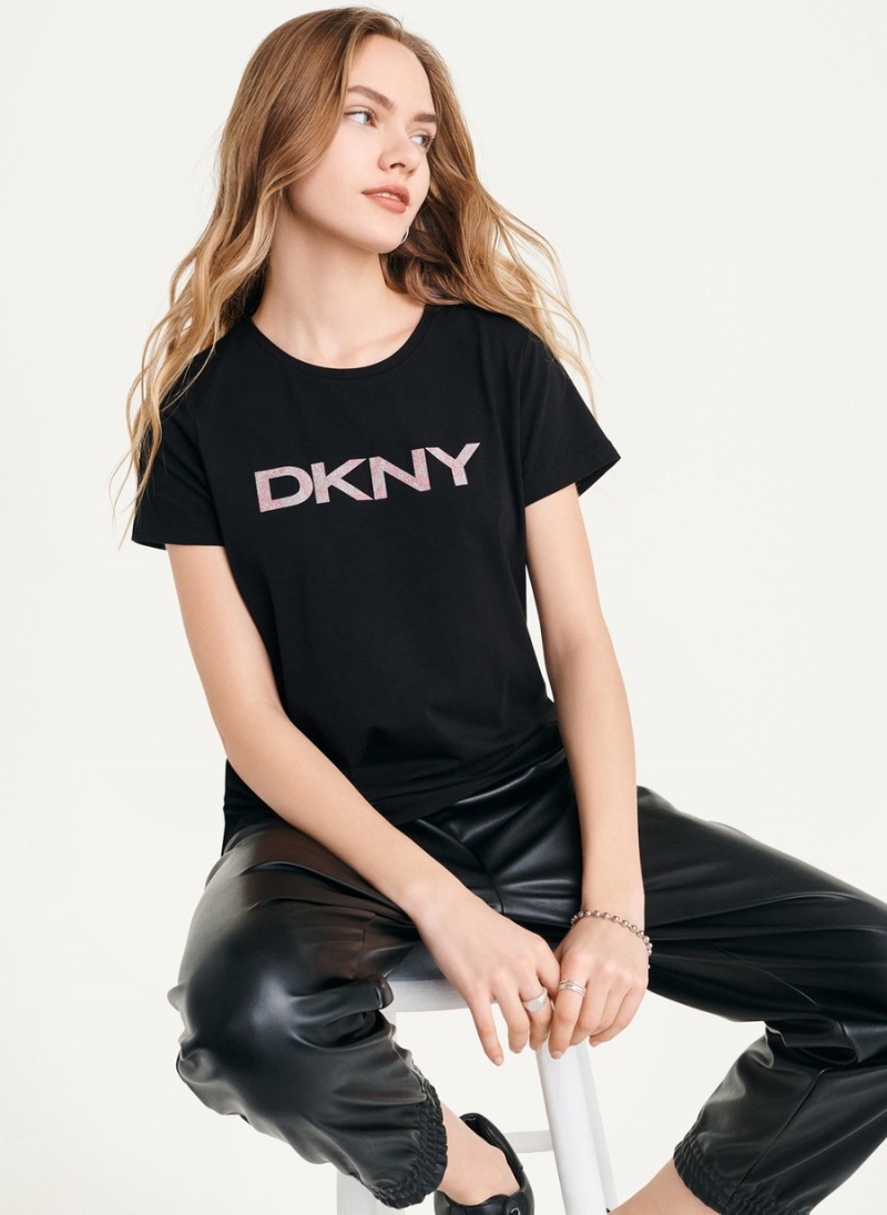 Black Dkny Glitter Logo Women's T Shirts | T4457446