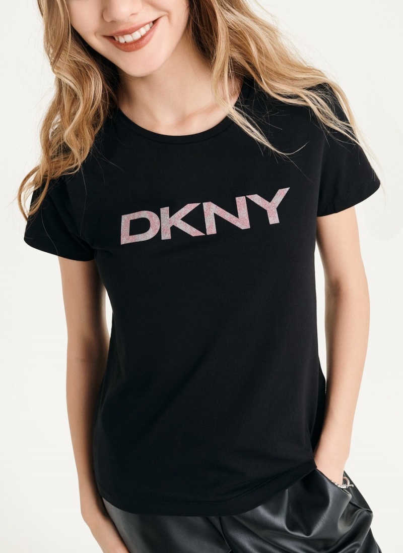 Black Dkny Glitter Logo Women's T Shirts | T4457446