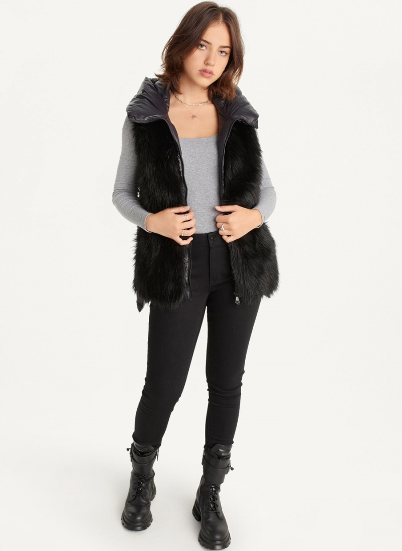 Black Dkny Hooded Puffer With Faux Fur Front Women\'s Vest | F9766106