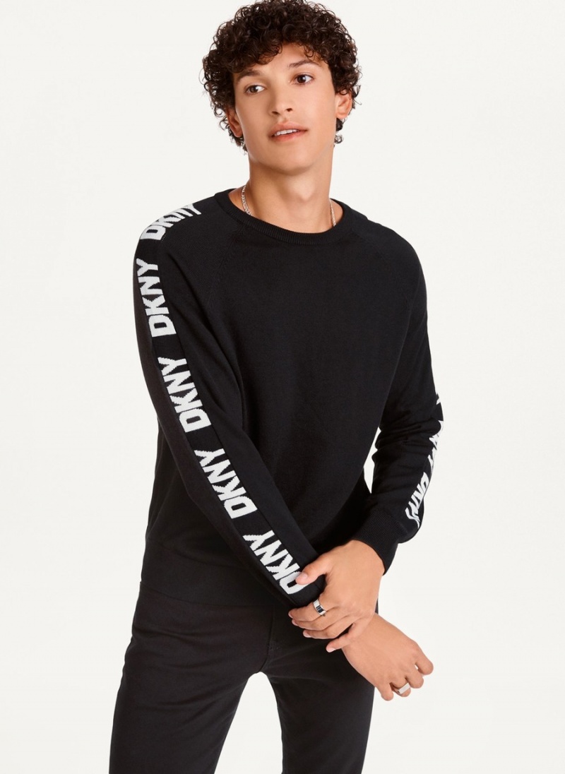 Black Dkny Knitted Logo Sleeve Tape Crew Men\'s Sweaters | X9602560