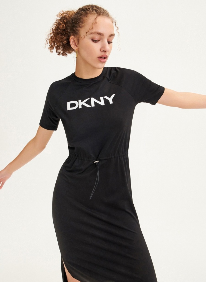 Black Dkny Logo Drawstring Waist Women's Dress | P1960336